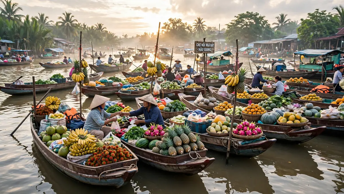 Minh họa chợ nổi Ngã Bảy, điểm đến khi thuê xe Sài Gòn đi Hậu Giang