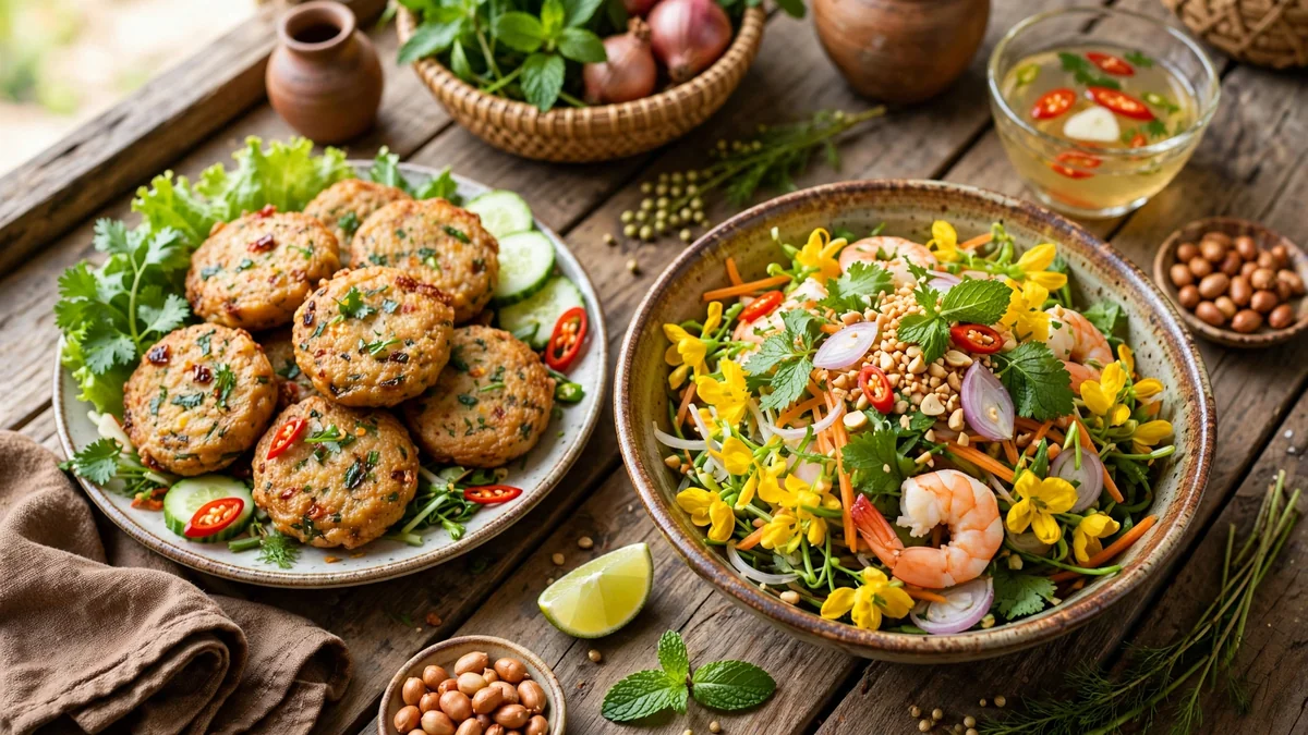 Minh họa chả cá thát lát và gỏi bông điên điển, món ngon Hậu Giang