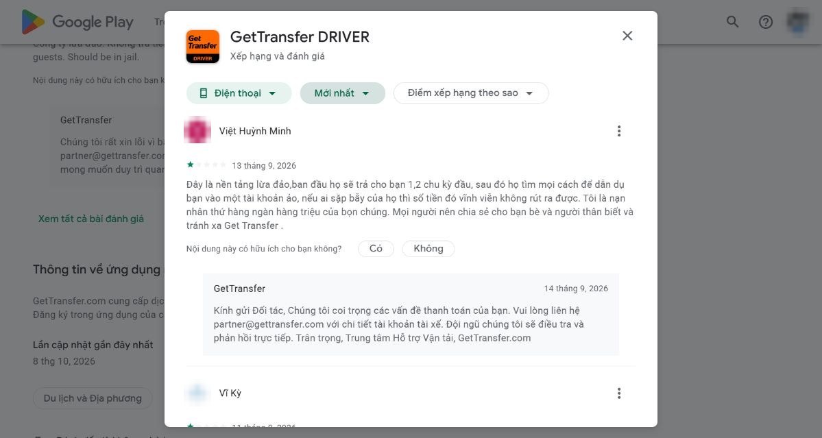 Đánh giá CH Play tiếng Việt về GetTransfer 13/09/2026: trả 1-2 chu kỳ đầu rồi dẫn dụ vào tài khoản ảo, tiền không rút ra được