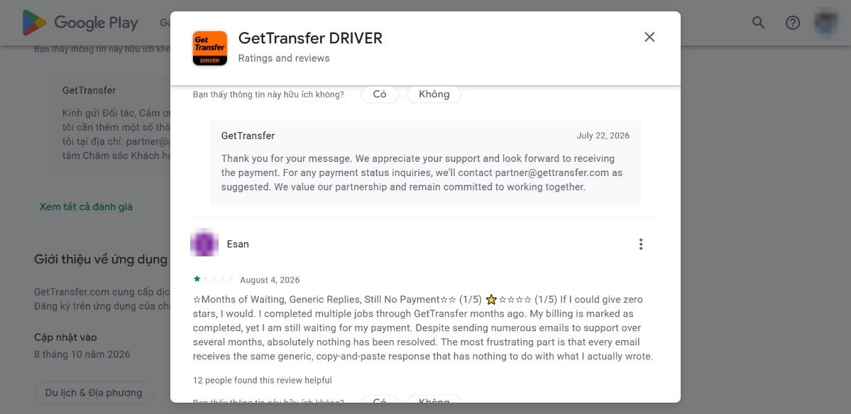 Phản hồi lạ của GetTransfer trên CH Play 22/07/2026 viết như thể chính GetTransfer đang chờ nhận thanh toán