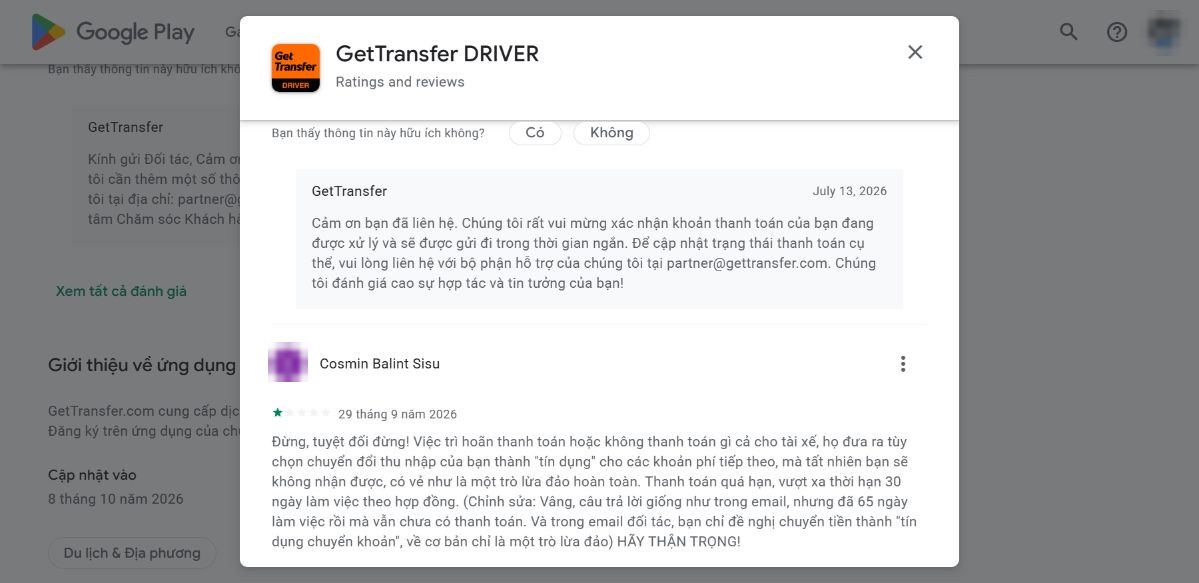 Đánh giá CH Play GetTransfer Driver 29/09/2026: tài xế bị đề nghị chuyển thu nhập thành tín dụng, 65 ngày làm việc chưa được trả