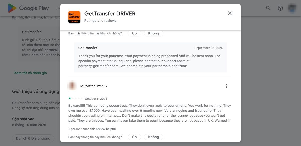 Phản hồi mẫu của GetTransfer trên CH Play 28/09/2026: Your payment is being processed and will be sent soon