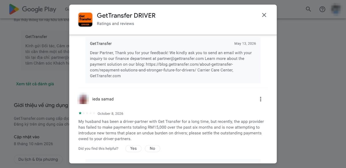Đánh giá CH Play GetTransfer Driver 08/10/2026: 15.000 ringgit chưa được trả trong 6 tháng, điều khoản mới gây gánh nặng cho tài xế