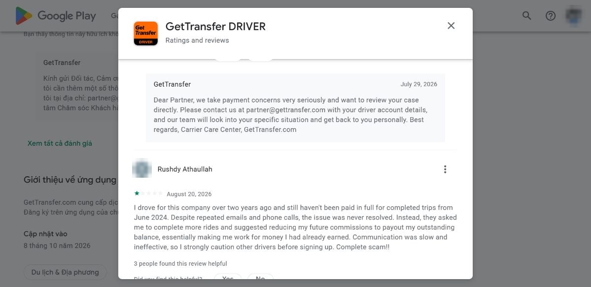 Đánh giá CH Play GetTransfer Driver 20/08/2026: tài xế chưa được trả từ tháng 6/2024, bị đề nghị chạy thêm và giảm hoa hồng tương lai để trừ nợ