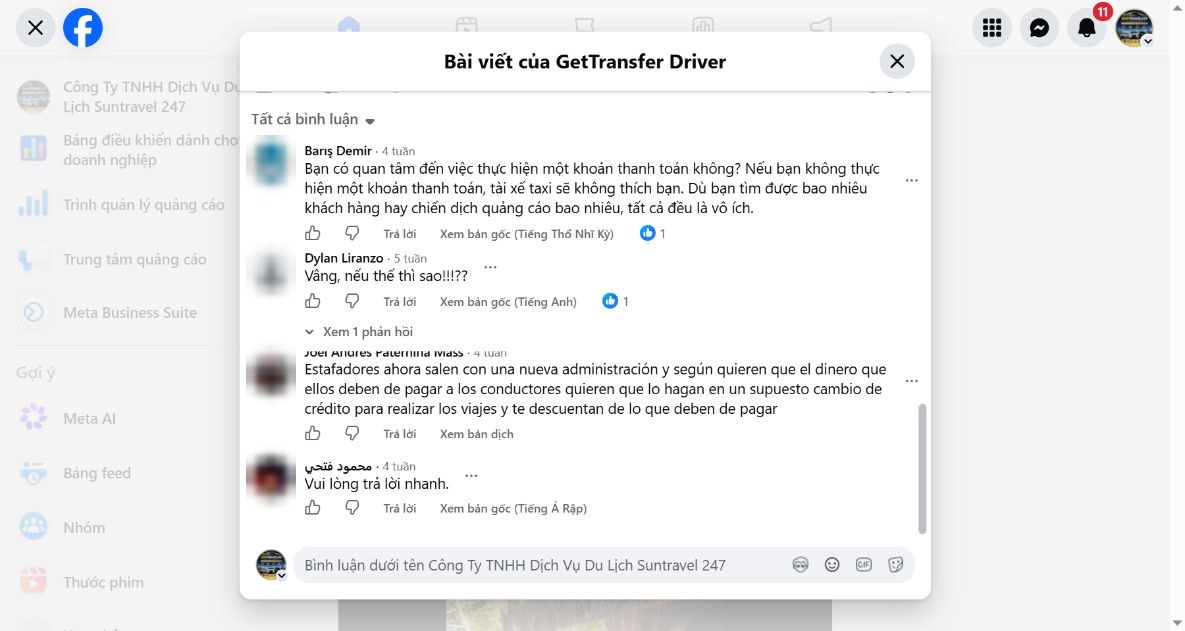 Bản gốc tiếng Tây Ban Nha bình luận phản ánh GetTransfer đổi tiền nợ tài xế sang tín dụng