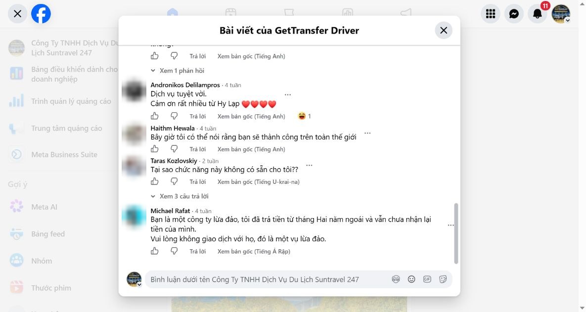 Bình luận Facebook phản ánh GetTransfer: đã trả tiền từ tháng Hai năm ngoái nhưng vẫn chưa nhận lại tiền