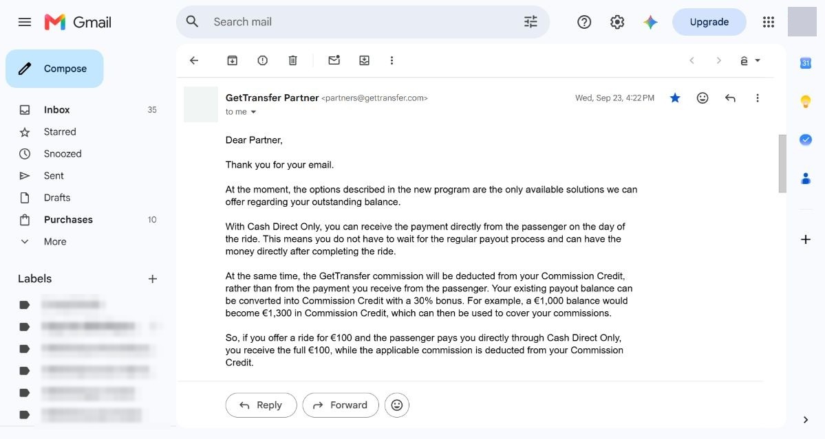 Email GetTransfer ngày 23/09/2026 nói Cash Direct Only và Commission Credit là giải pháp duy nhất cho số dư tài xế