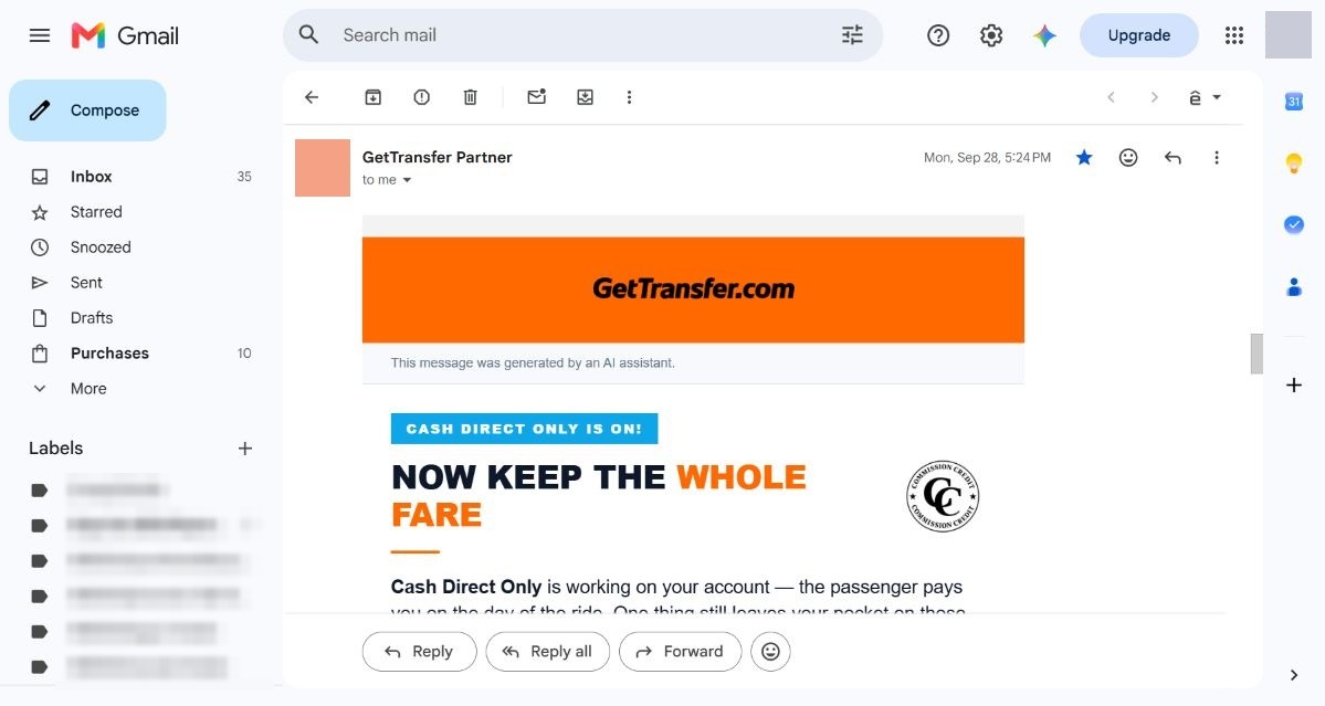 Email quảng cáo GetTransfer 28/09/2026 Cash Direct Only is on – Now keep the whole fare