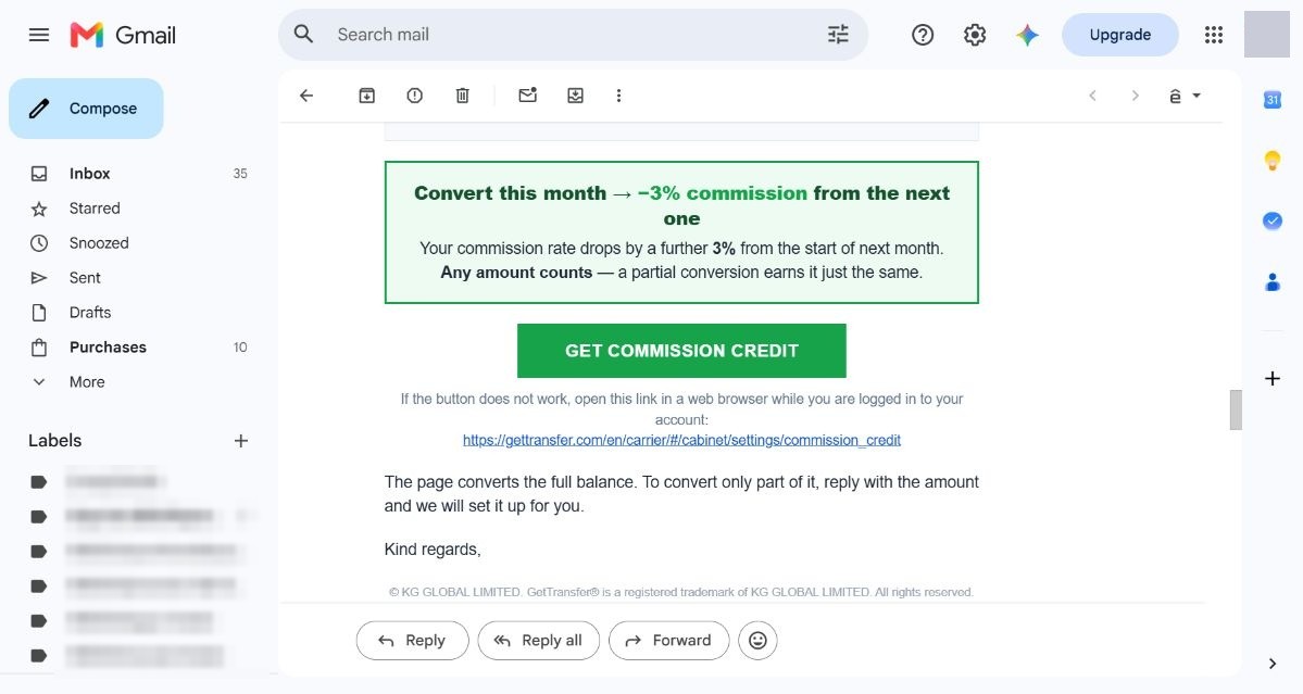 Nút Get Commission Credit của GetTransfer chuyển toàn bộ số dư, ưu đãi giảm 3% hoa hồng nếu chuyển trong tháng
