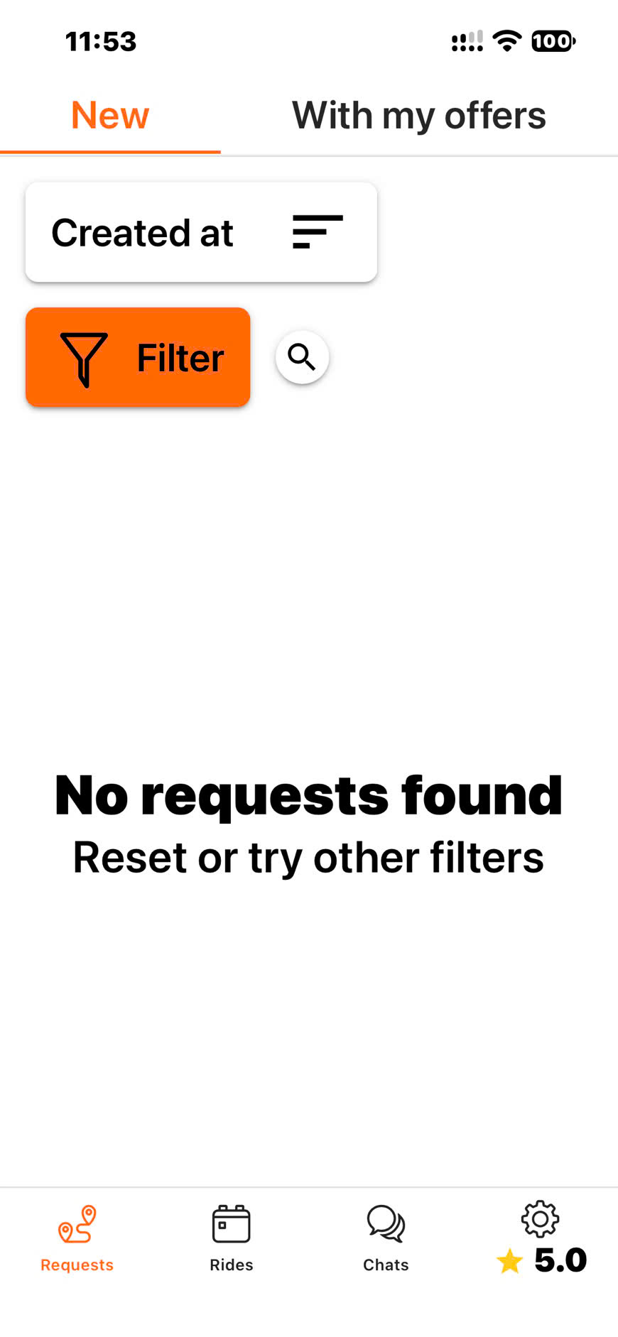 App tài xế GetTransfer báo No requests found, không còn đơn sau khi chuyển đổi Commission Credit