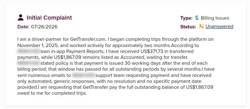 Khiếu nại BBB ngày 26/07/2026: tài xế trích chính sách GetTransfer trả tiền 30 ngày làm việc sau kỳ đối soát, còn 1.867,09 USD chờ chuyển