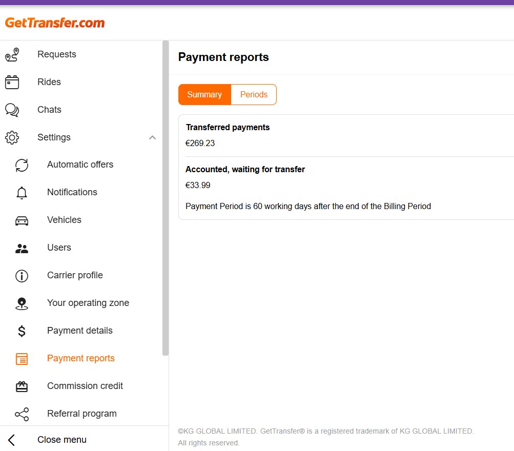 Trang Payment reports của GetTransfer ghi Payment Period is 60 working days after the end of the Billing Period