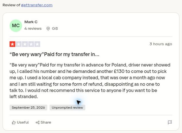 Đánh giá Trustpilot ngày 25/09/2026: khách trả trước, tài xế GetTransfer không đến, hơn một tháng chưa được hoàn tiền
