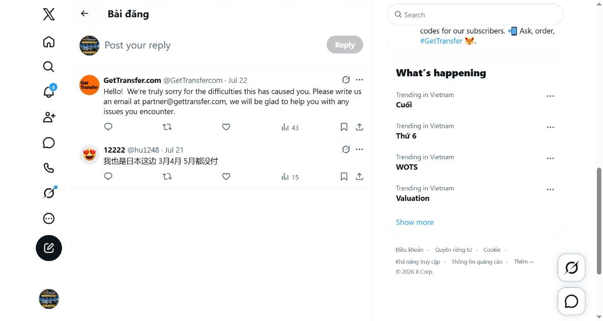 Tài xế ở Nhật Bản trả lời trên X: GetTransfer chưa trả tiền tháng 3, tháng 4, tháng 5; GetTransfer trả lời mời gửi email